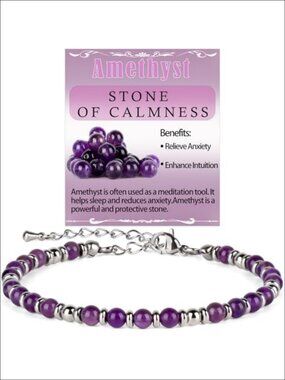 Natural Amethyst Beaded Bracelet Stainless Steel Adjustable